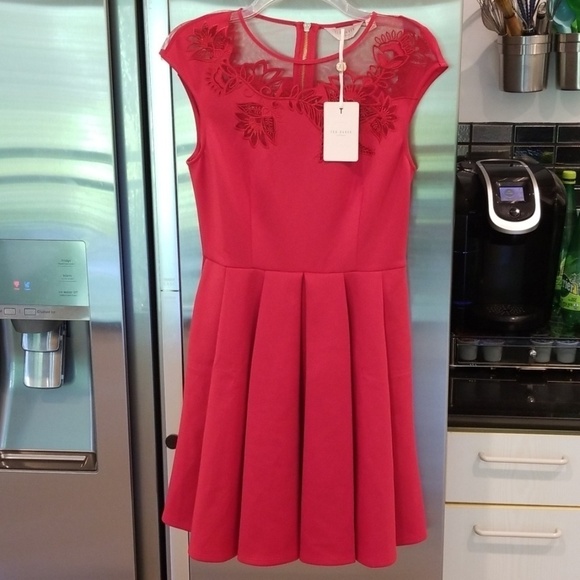 💕TED BAKER💕 Red Embroidered Mesh Cut Out Dress - Picture 7 of 8